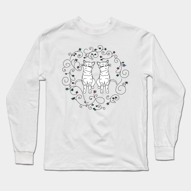 Floral Cats Doodle Long Sleeve T-Shirt by ellenhenryart